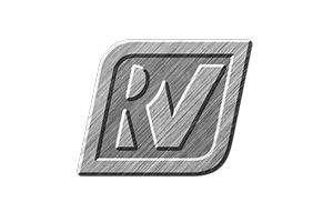 The R-V Industries logo featuring the letters "RV" and on a slanted, rectangular background with rounded corners and a sketched texture.