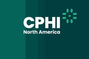 CPHI North America logo on a dark teal background with lighter teal vertical stripes and a circular design of teal dots to the right of the text.
