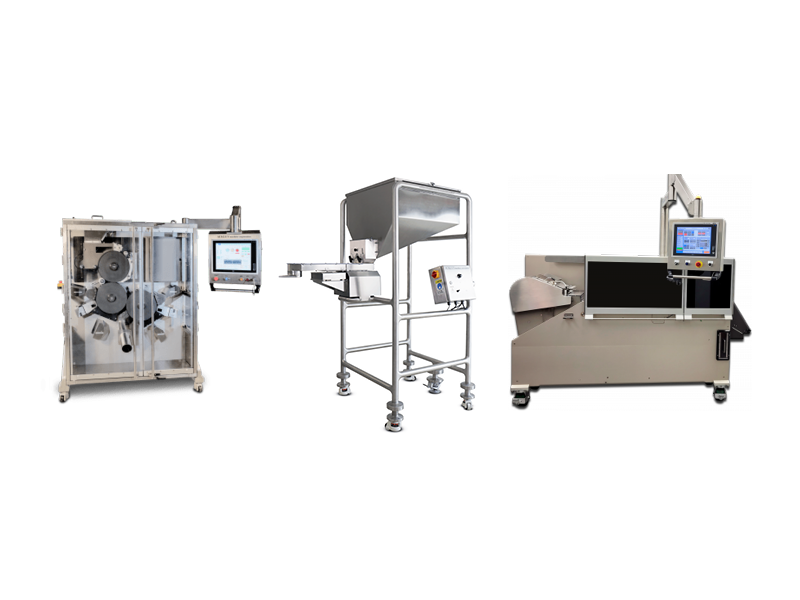 Three industrialmachines with control panels, each designed for different processing tasks—including pharma product manufacturing—are displayed side by side on a white background.
