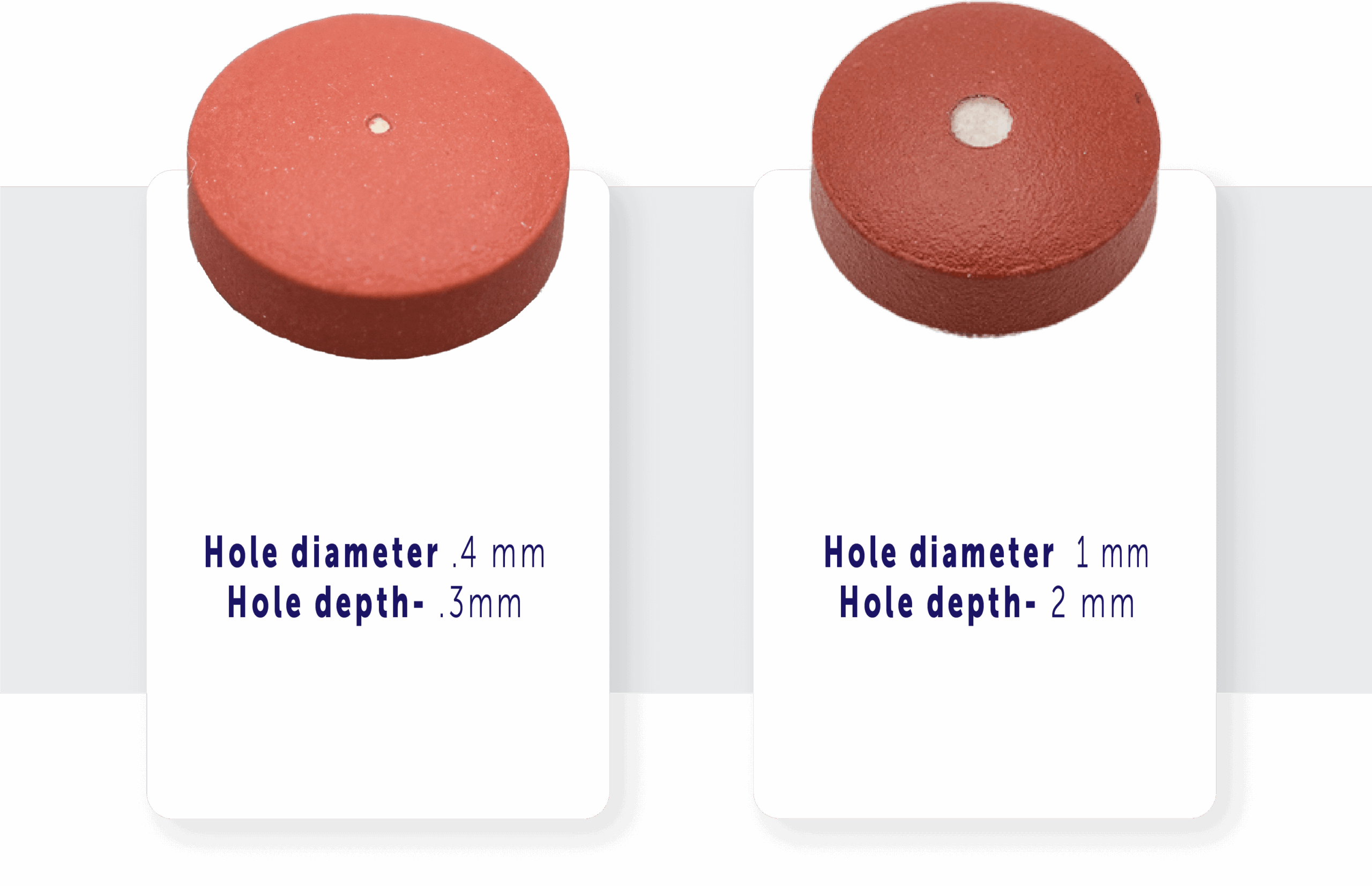 Two red circular objects with small central holes, resembling oral solid dosage forms, are shown. The left object has a 4 mm diameter, 3 mm deep hole; the right has a 1 mm diameter, 2 mm deep hole. Specifications are written below each object.