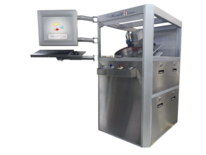 stainless steel lab laser drilling machine pictured facing left with screen.