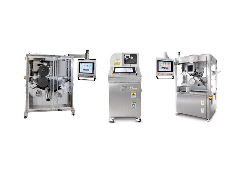 Three stainless steel industrial machines, including advanced laser drilling equipment with digital control panels, and transparent panels, are positioned side by side against a white background.