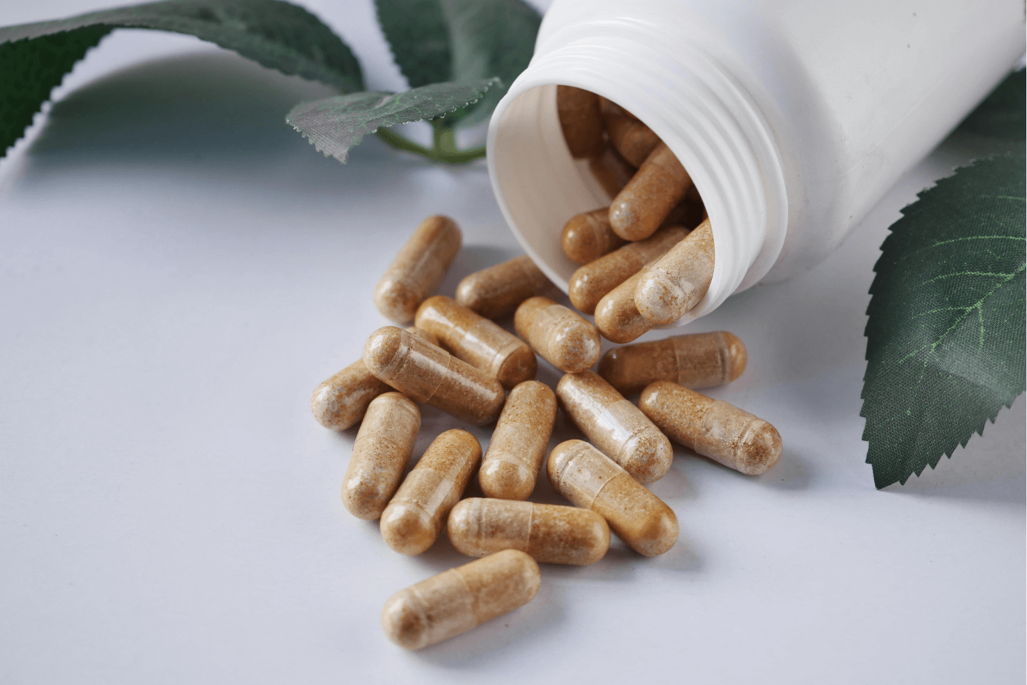 nutraceutical industry sample photo of brown capsules falling out of a white plastic container