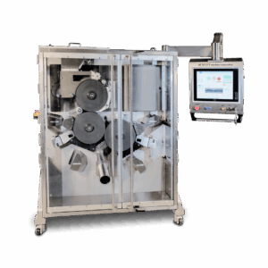 Industrial labeling machine with transparent casing displaying rollers and mechanical parts; control panel with touch screen and buttons mounted on the right side.