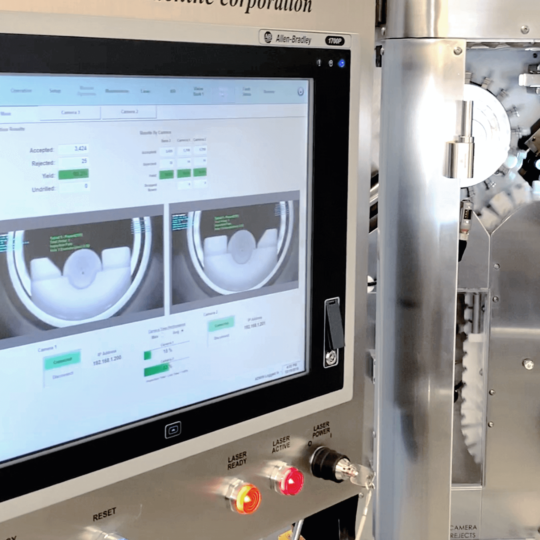 A close-up of an industrial vision inspection system for pharmaceuticals with a touchscreen displaying inspection results, accepted and rejected counts, and two camera views of product items. Control buttons and part of the machine’s mechanism are also visible.