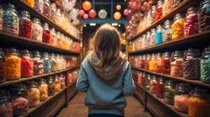A young girl stands in the middle of a brightly lit candy shop, facing shelves lined with large glass jars filled with colorful sweets, each carefully organized with candy marking. Balloons hang from the ceiling above her.