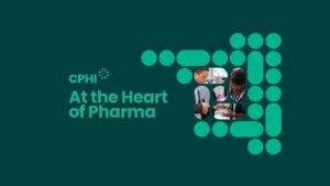 CPHI logo and text "At the Heart of Pharma" alongside abstract green dots forming a partial square, with small photos of people collaborating inside some of the dots.