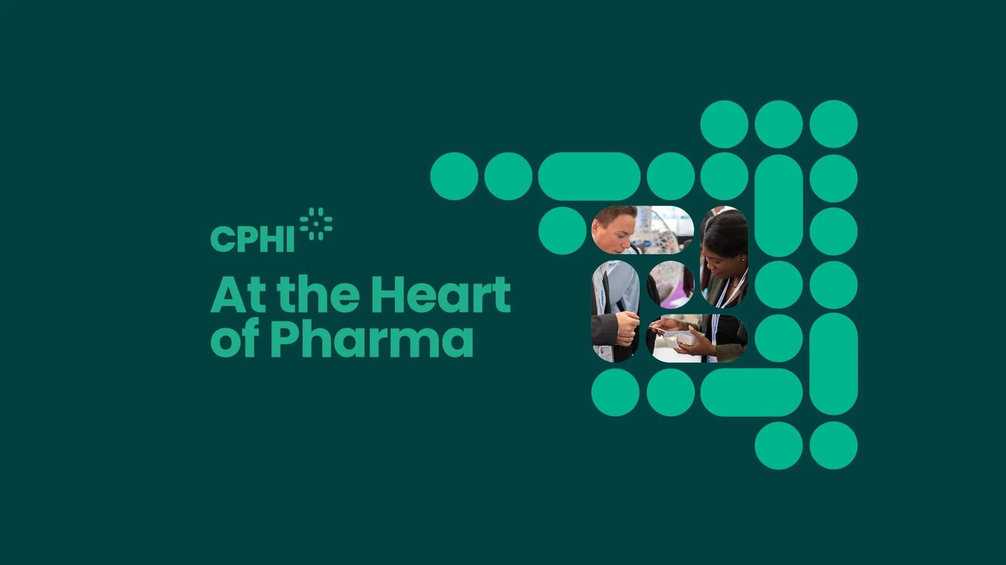 CPHI logo and text "At the Heart of Pharma" alongside abstract green dots forming a partial square, with small photos of people collaborating inside some of the dots.